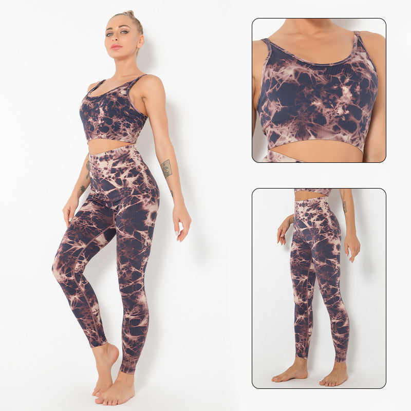 Fitstyle Yoga Clothes Women  Tops  Tie-Dye Sports Running Peach Fitness Suit Sports Skinny Yoga Pants Suit Women