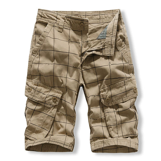 Work wear shorts: Men's middle-aged and old-age sports washed pure cotton pants, lattice Multi Pocket six point casual pants
