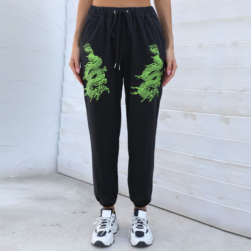 New casual pants women's black street fashion trend printed straight pants