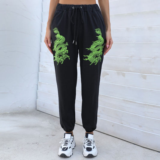 New casual pants women's black street fashion trend printed straight pants