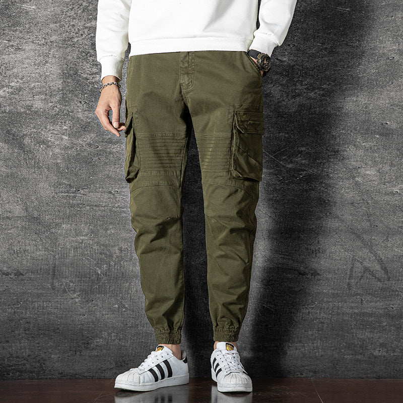 Men's washed solid color multi pocket sports and leisure cargo pants