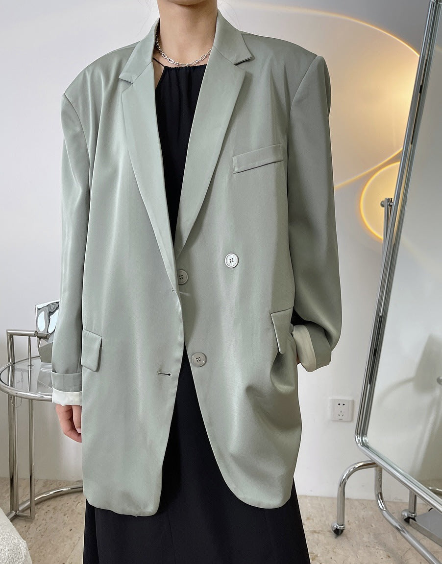 Spring and summer new European and American bloggers satin glossy wide shoulder suits jacket loose slim breathing suits