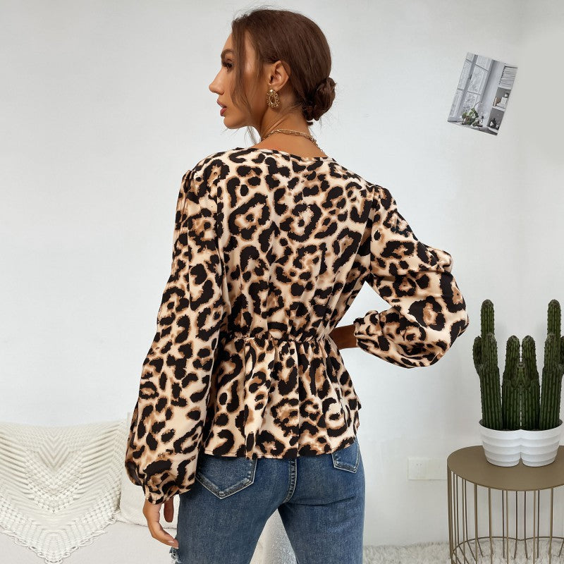 V Neck Slim Long Sleeve Leopard Cat Top