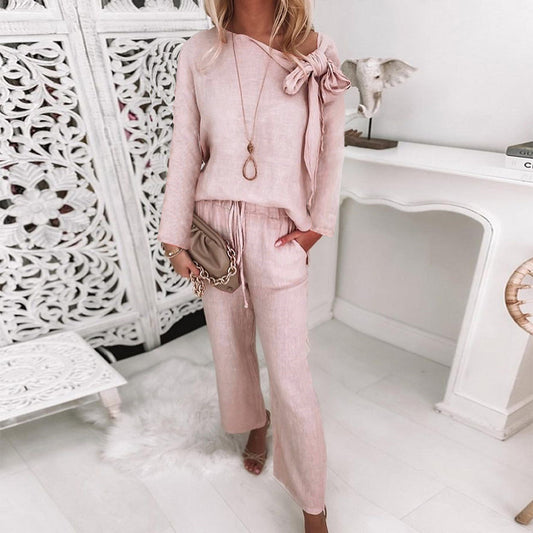 Autumn New  Hot Loose Casual Lace up Knotted Long Sleeve Trousers Suit Women