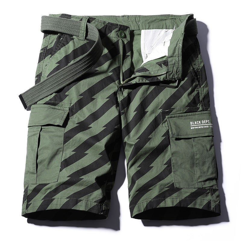 Work Shorts men's new washing stripe Multi Pocket casual pants pure cotton six point sports men's pants