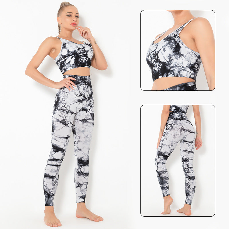 Fitstyle Yoga Clothes Women  Tops  Tie-Dye Sports Running Peach Fitness Suit Sports Skinny Yoga Pants Suit Women