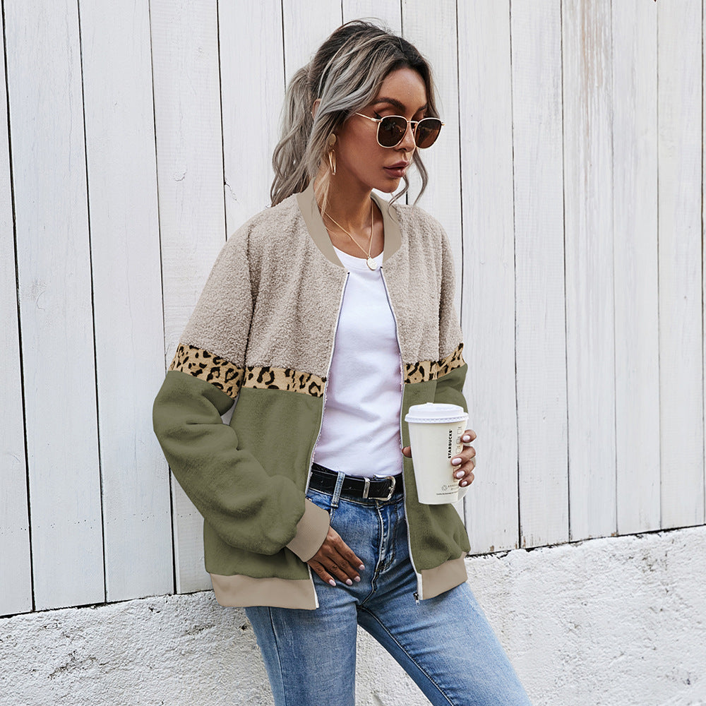 Cross-border women's stitching leopard print round neck loose plush jacket blouse