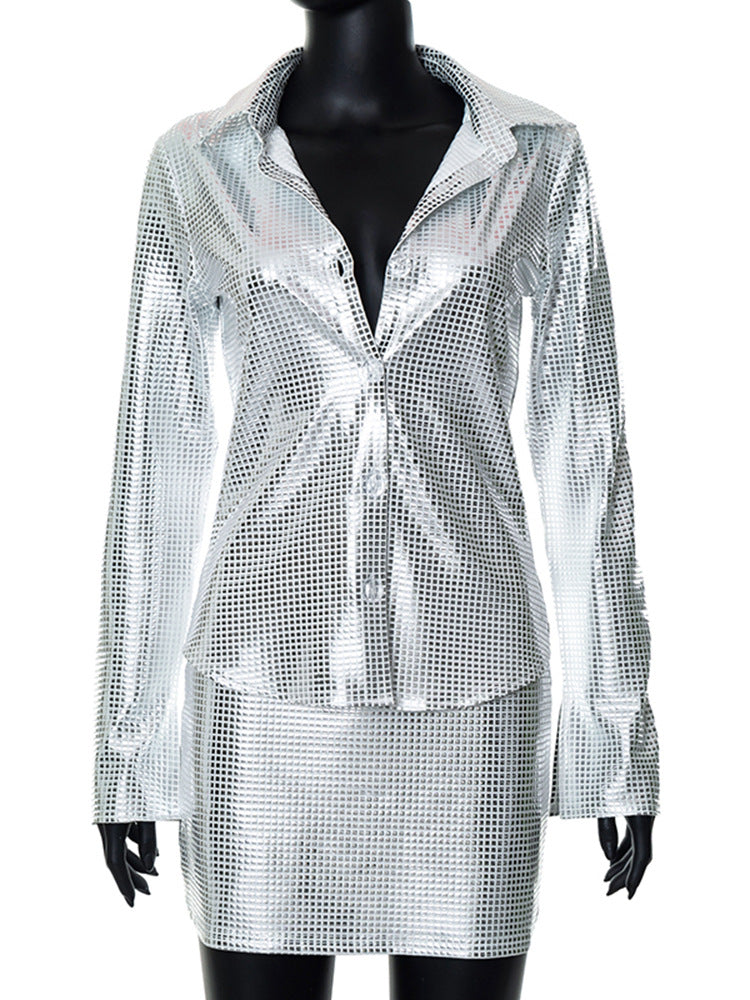 Shiny top&skirt 2piece set