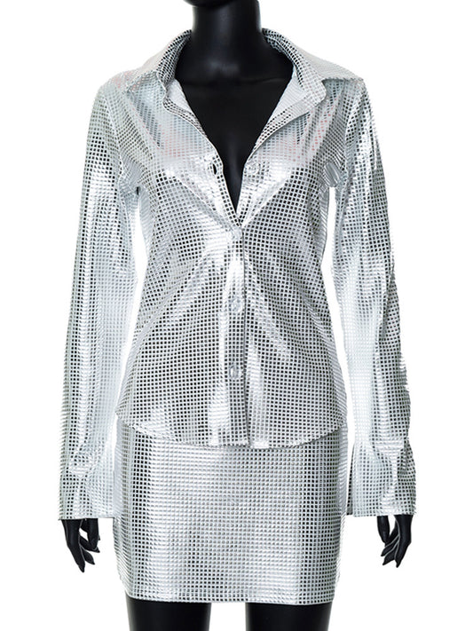 Shiny top&skirt 2piece set