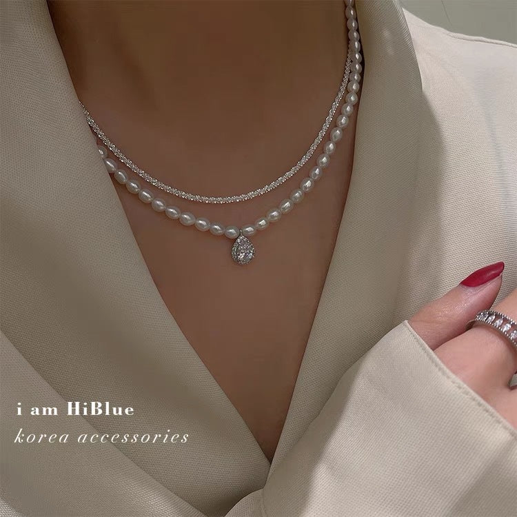 Amazing Price! New freshwater pearl necklace retro multi-layer temperament clavicle chain plated platinum zircon pendant cross-border