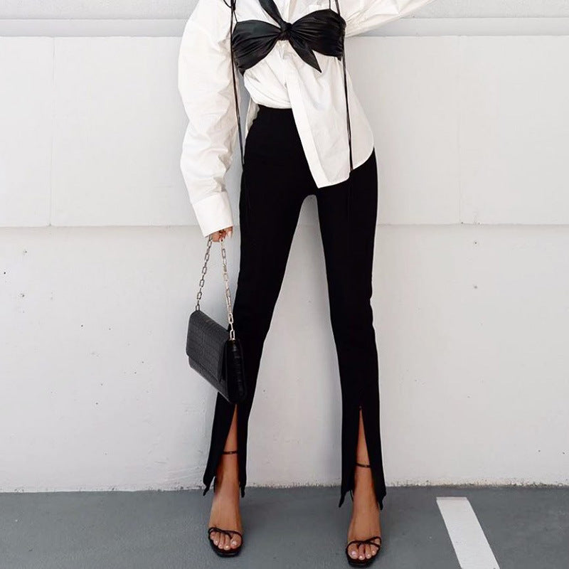 New Women Clothing Solid Color Slim High Waist Fashion Split Casual Straight Pants Women
