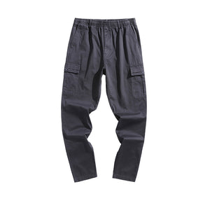 Multi Pocket overalls pants men's new Korean version pure color thin drawstring elastic waist casual pants