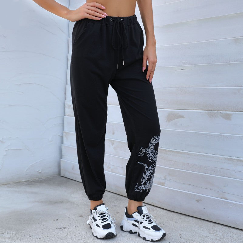 New Pants Black printing drawstring nine legged pants women