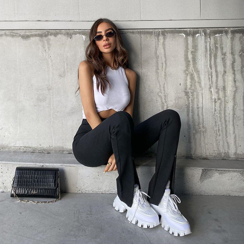 New Women Clothing Solid Color Slim High Waist Fashion Split Casual Straight Pants Women