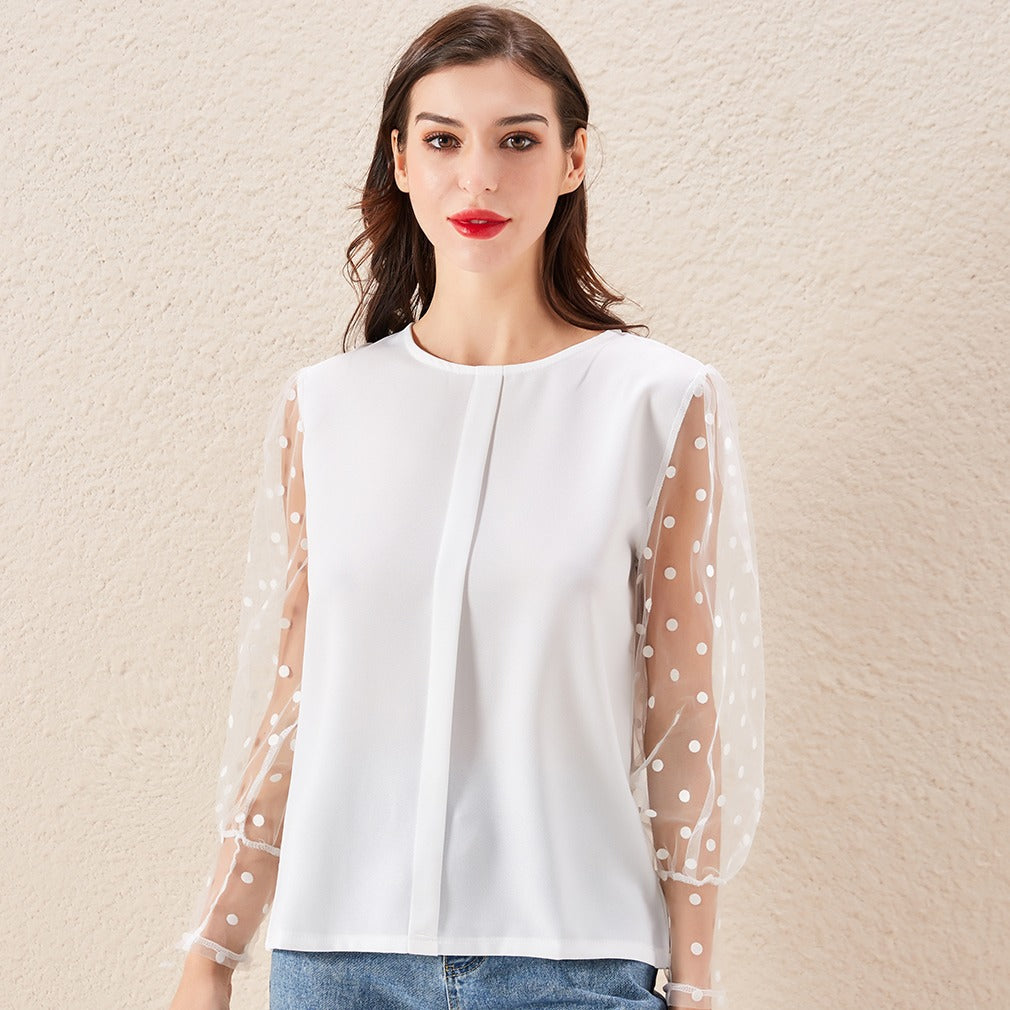 Women's fashionable elegant polka dot lace lantern sleeve round neck shirt