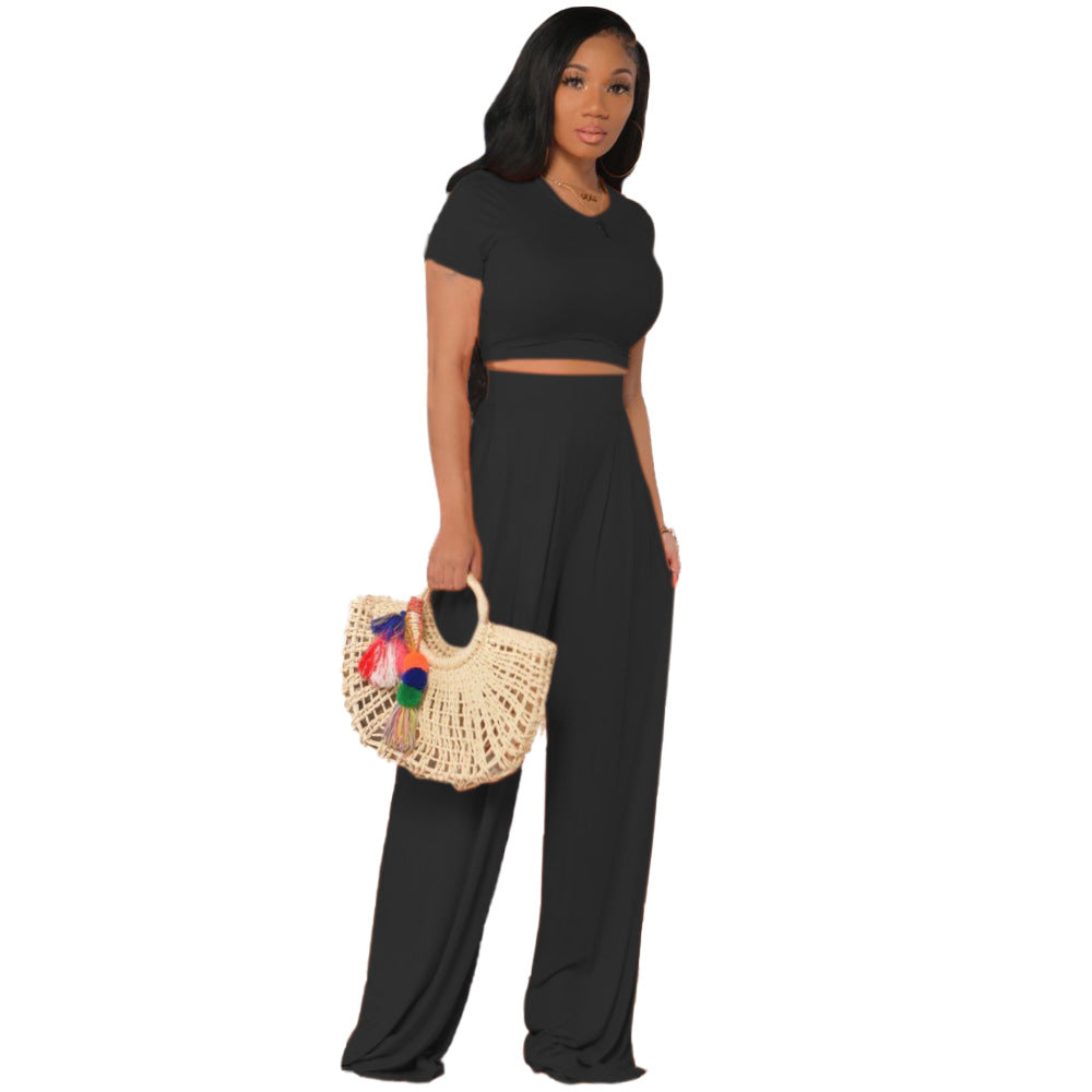 New  Women Clothing Solid Color Midriff Outfit Bell-Bottom Pants Casual Two-Piece Suit