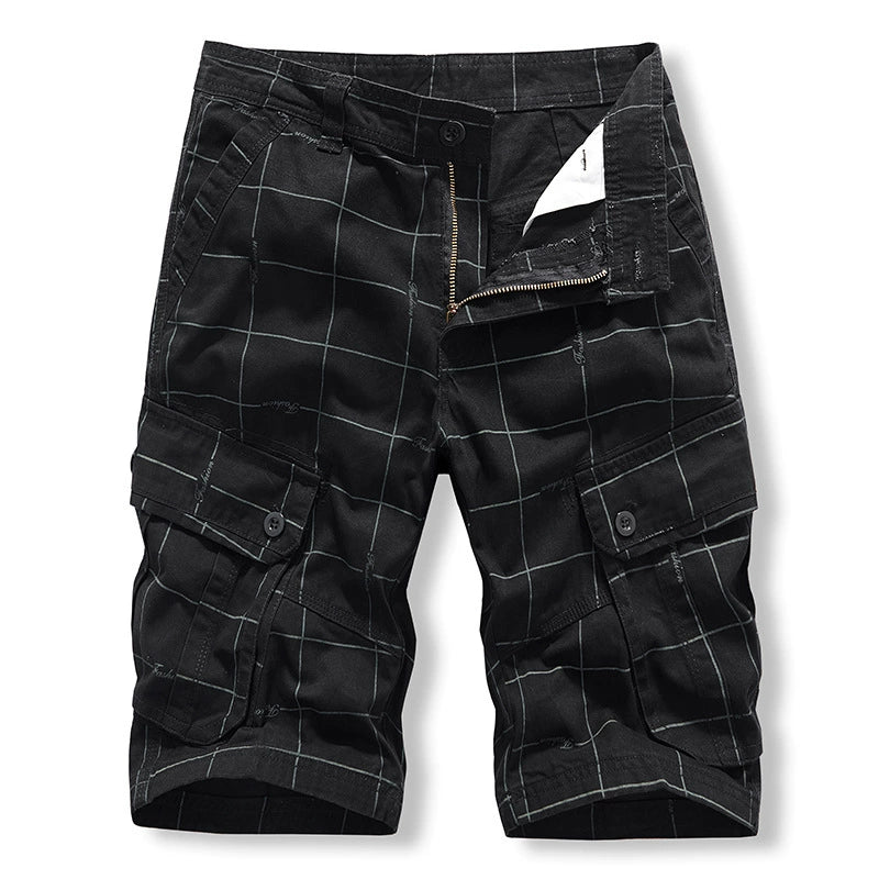 Work wear shorts: Men's middle-aged and old-age sports washed pure cotton pants, lattice Multi Pocket six point casual pants