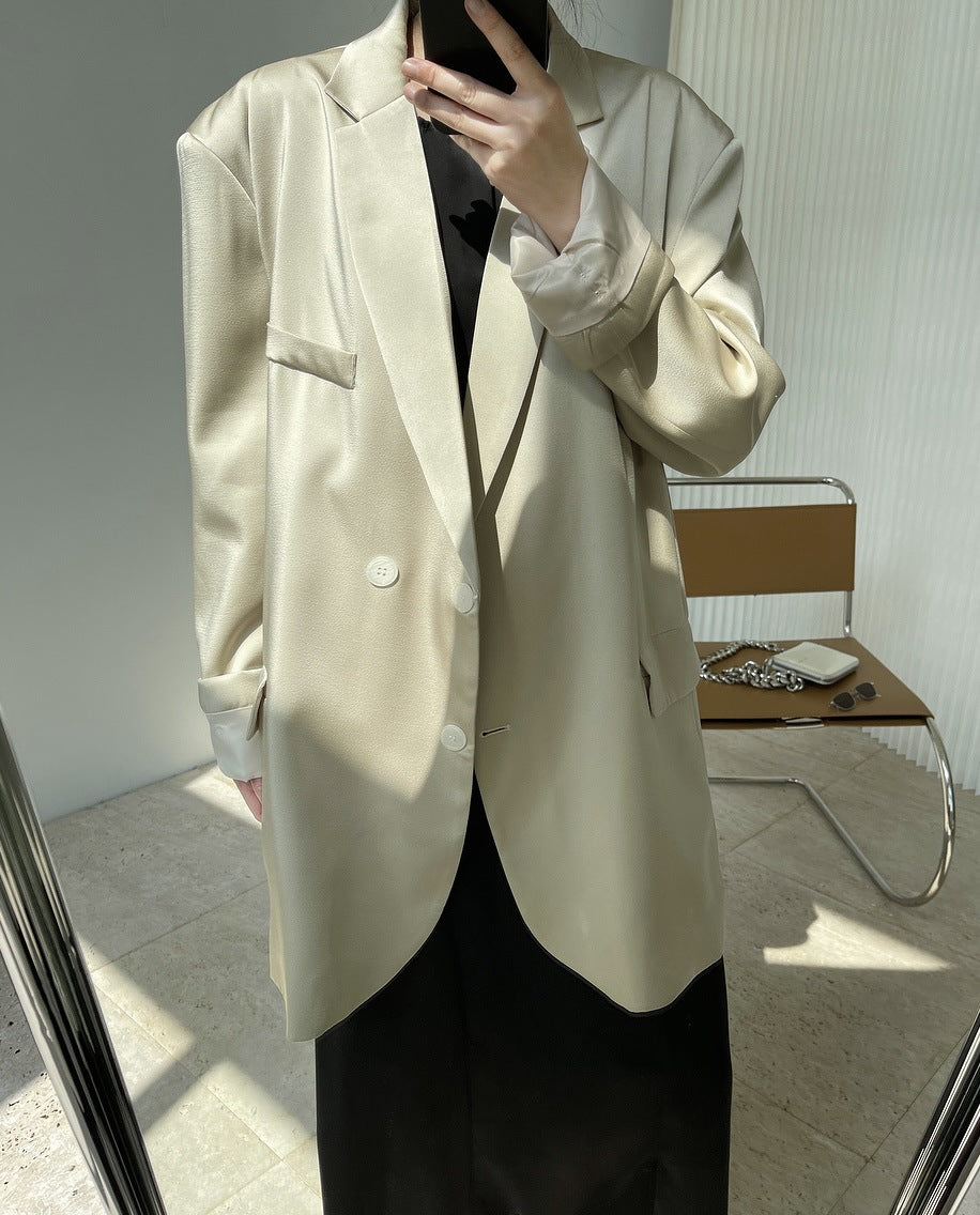 Spring and summer new European and American bloggers satin glossy wide shoulder suits jacket loose slim breathing suits
