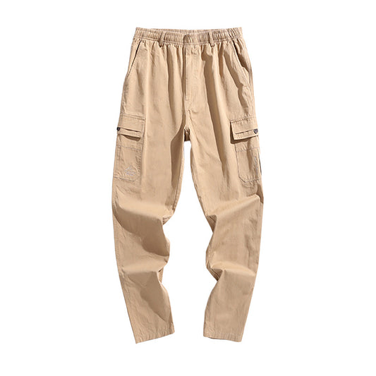Multi Pocket overalls pants men's new Korean version pure color thin drawstring elastic waist casual pants