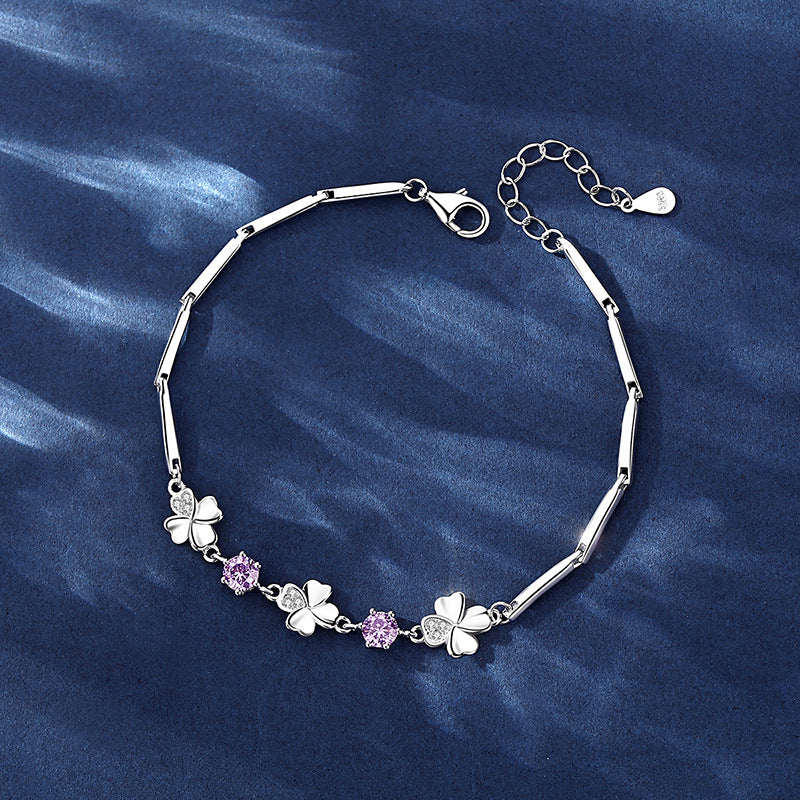 Lucky four-leaf grass hand chain female 925 sterling silver