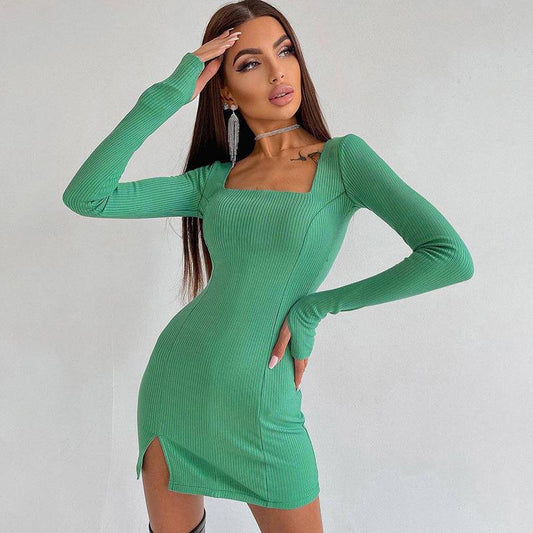 Casual Square Neck Long Sleeve Dress