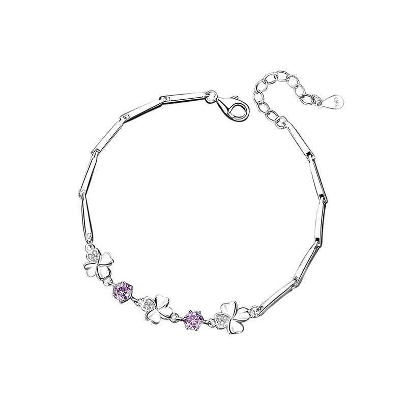 Lucky four-leaf grass hand chain female 925 sterling silver