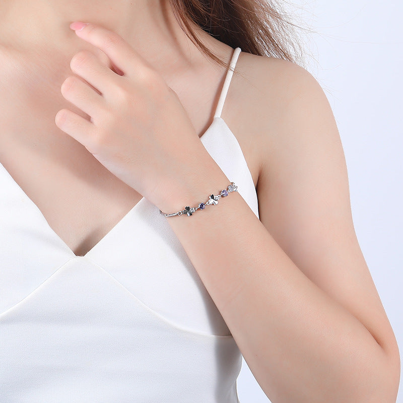 Lucky four-leaf grass hand chain female 925 sterling silver