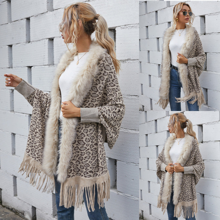 Leopard sweater autumn and winter new wool collar cardigan shawl knitted coat