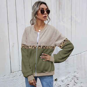 Cross-border women's stitching leopard print round neck loose plush jacket blouse
