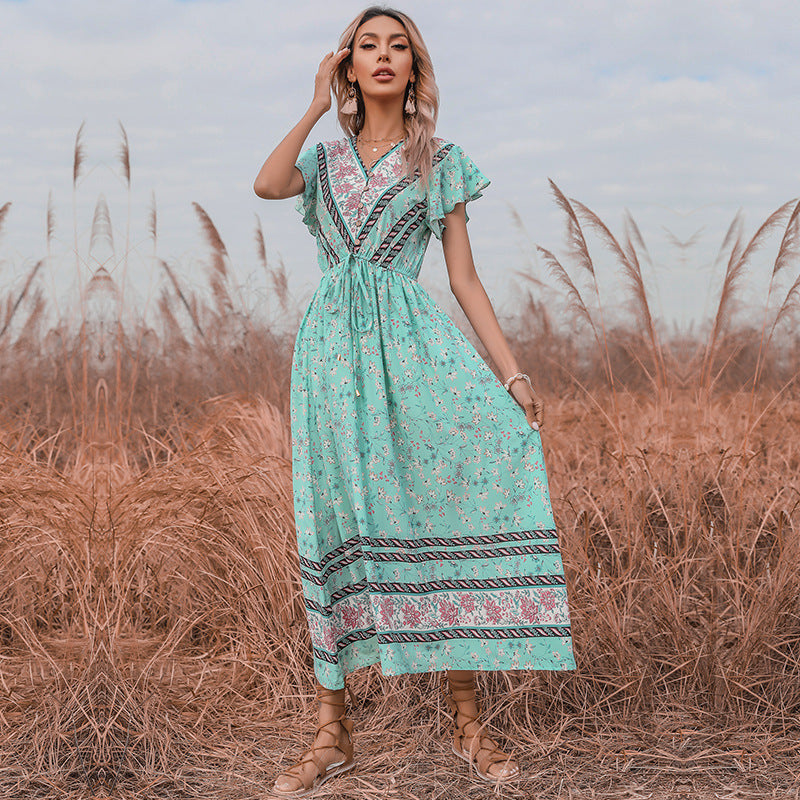 V-neck Short Sleeve Lace Up Dress