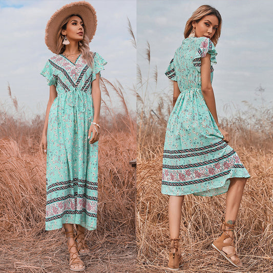 V-neck Short Sleeve Lace Up Dress