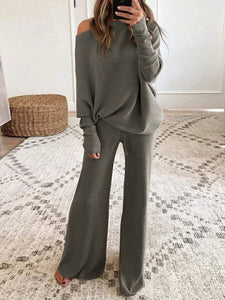 New Women  Solid Color round Neck Long Sleeve Casual Two-Piece Suit Suit