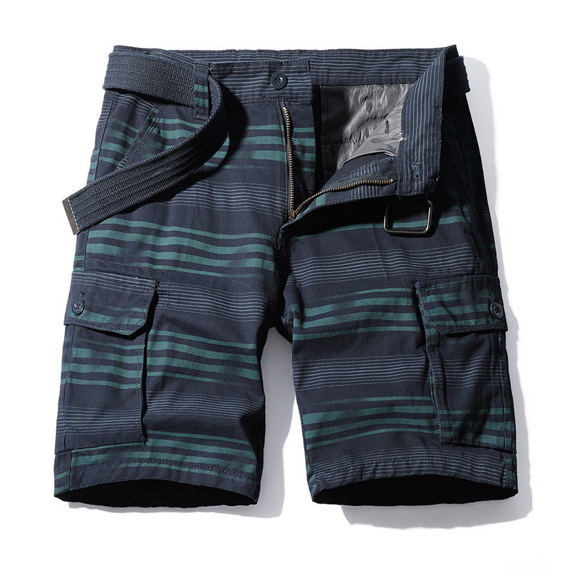 Work wear shorts men's fashion running water washing stripe Multi Pocket casual pants pure cotton five point sports men's pants