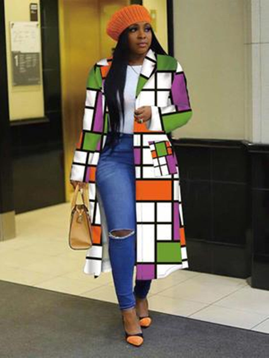 Hot Autumn and Winter Long Fashion Trench Coat Women Plaid Large Size Button Cardigan Coat Women Clothing