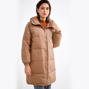 Urban leisure Hunting black zipper outdoor thickened Brown medium length hooded down jacket