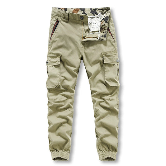 Casual pants: Men's work clothes trend: solid color woven belt Multi Pocket sports washing work clothes