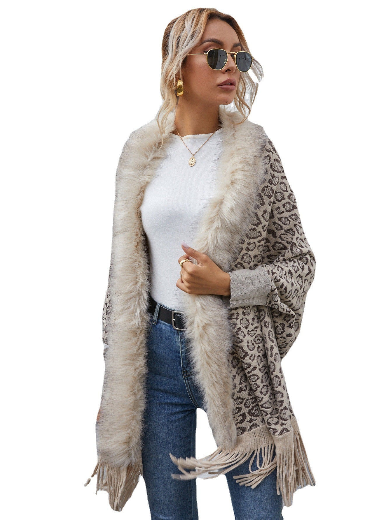 Leopard sweater autumn and winter new wool collar cardigan shawl knitted coat