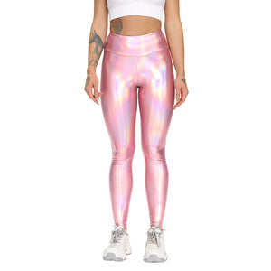 pink colorful laser Leather Elastic Yoga Pants sexy hip lifting high waist Yoga Pants
