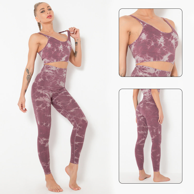 Fitstyle Yoga Clothes Women  Tops  Tie-Dye Sports Running Peach Fitness Suit Sports Skinny Yoga Pants Suit Women