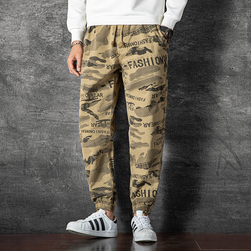 Camouflage overalls Pants: Men's seasonal trend, versatile, thin elastic belt, foot binding, handsome sports and leisure pants