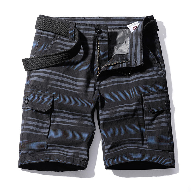 Work wear shorts men's fashion running water washing stripe Multi Pocket casual pants pure cotton five point sports men's pants