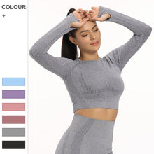 Load image into Gallery viewer, new seamless knitted hip raising moisture absorption and sweat wicking yoga clothes sports fitness hip showing long sleeved women

