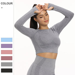 new seamless knitted hip raising moisture absorption and sweat wicking yoga clothes sports fitness hip showing long sleeved women