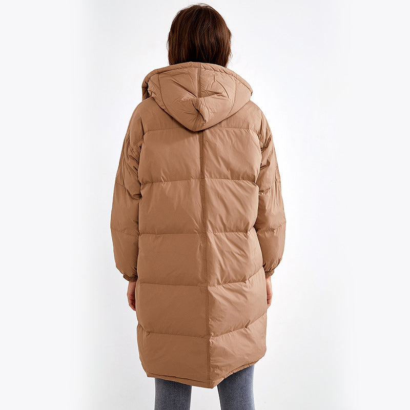 Urban leisure Hunting black zipper outdoor thickened Brown medium length hooded down jacket
