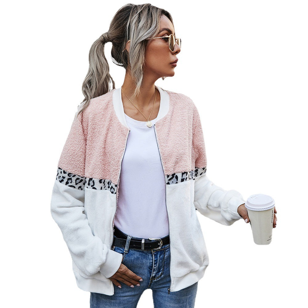 Cross-border women's stitching leopard print round neck loose plush jacket blouse