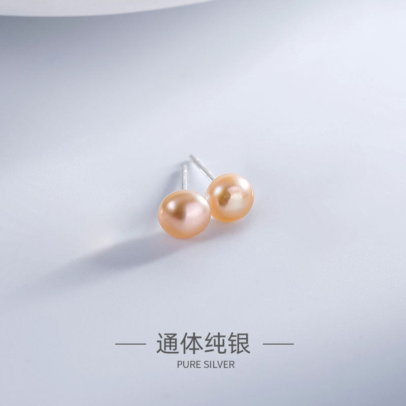 S999 silver natural freshwater pearl earrings female version small fresh new simple ear cave cozy ear