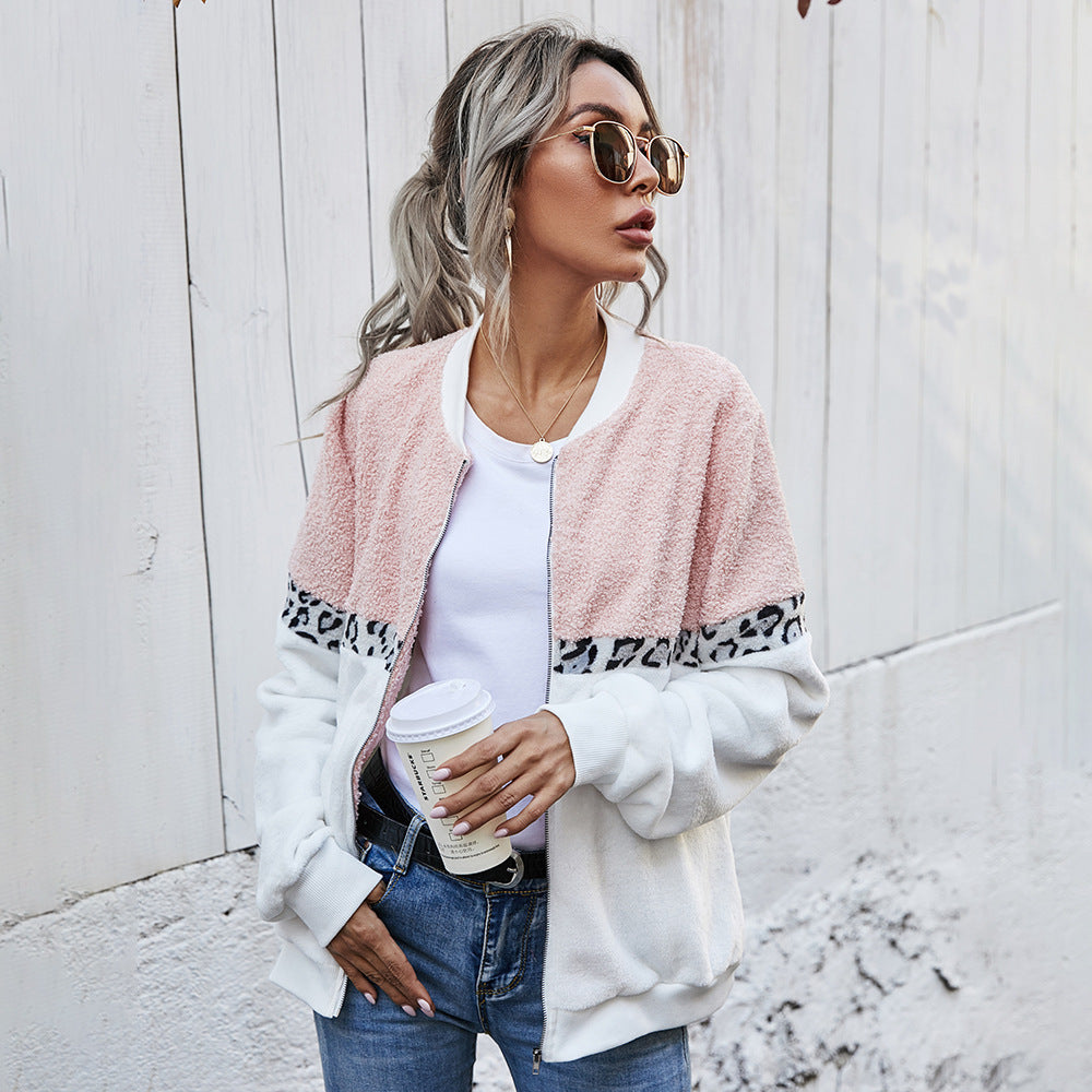 Cross-border women's stitching leopard print round neck loose plush jacket blouse