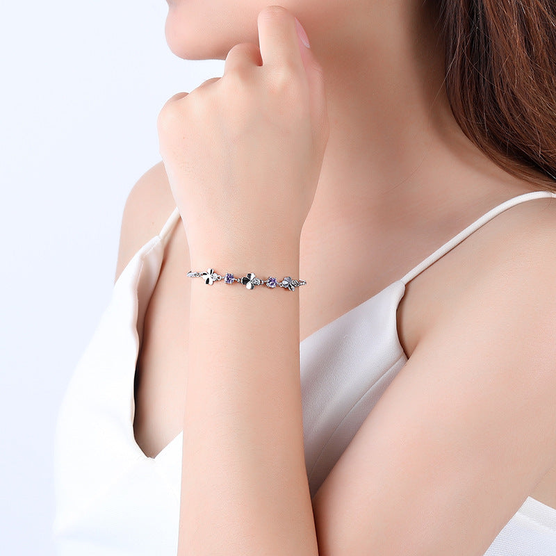 Lucky four-leaf grass hand chain female 925 sterling silver