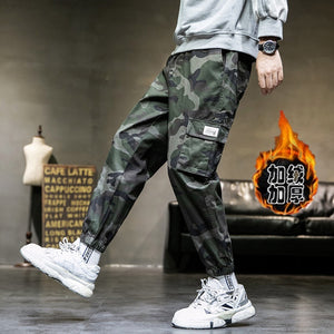 Solid color washed cotton pockets cargo warm pants