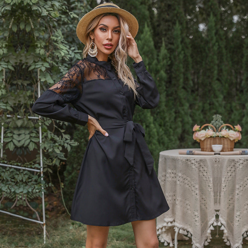 High Collar Long Sleeve Shirt Dress